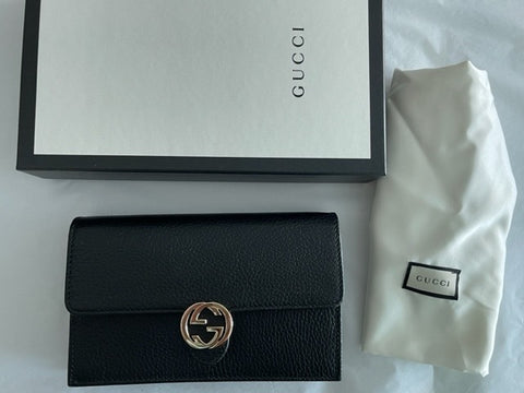 Gucci GG Black Crossbody Handbag Calf Leather Gold Chain Purse Bag Italy NEW