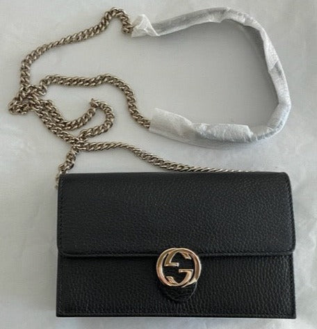 Gucci GG Black Crossbody Handbag Calf Leather Gold Chain Purse Bag Italy NEW
