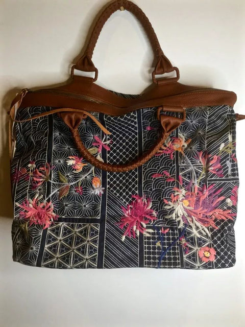 Johnny Was Viviana Denim Weekender Bag Floral Embroidery Handbag Brown Grey NEW