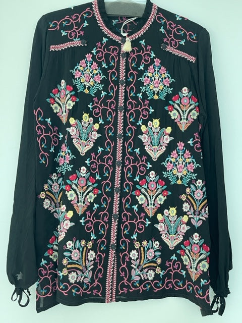 Johnny Was Bertha Blouse Black Top Button Down Shirt Long Sleeve Embroidery NEW
