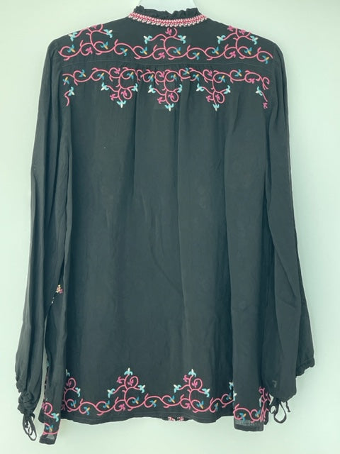 Johnny Was Bertha Blouse Black Top Button Down Shirt Long Sleeve Embroidery NEW
