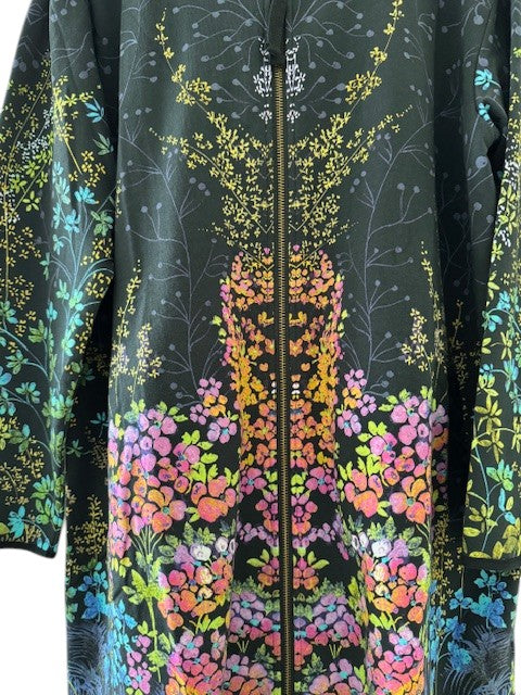 Johnny Was Magic Garden Long Hoodie Knit Coat Cotton Floral Zip Jacket Black NEW