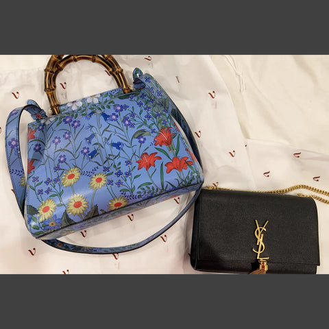 Gucci Nymphae Azure Shanghai Leather Handbag Snap Floral Blue Gold Bag Purse NEW