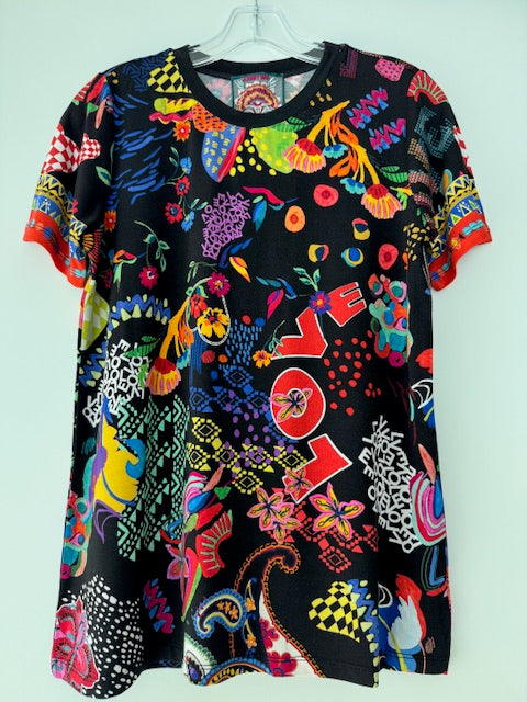 Johnny Was Janie Favorite Jenny Love Short Crew Floral Tee Shirt Black Top NEW