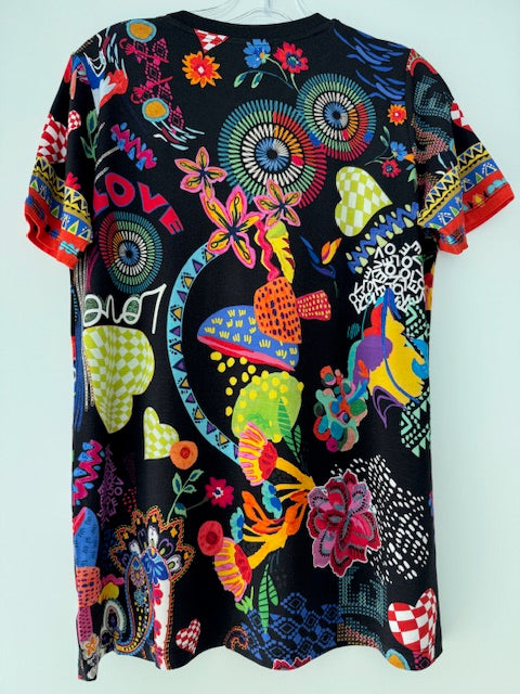 Johnny Was Janie Favorite Jenny Love Short Crew Floral Tee Shirt Black Top NEW