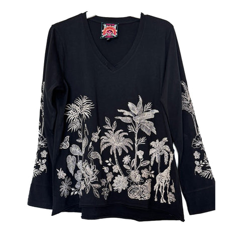 Johnny Was Riley Slit Long Tee Cotton Shirt Floral Embroidered Black Top NEW