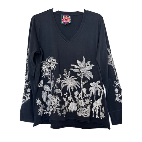 Johnny Was Riley Slit Long Tee Cotton Shirt Floral Embroidered Black Top NEW