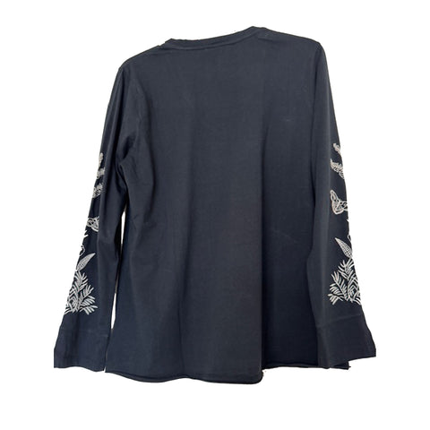 Johnny Was Riley Slit Long Tee Cotton Shirt Floral Embroidered Black Top NEW