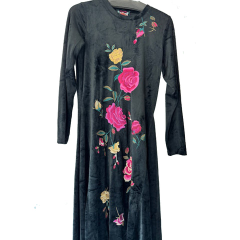 Johnny Was Rosilia Handkerchief Hem Velour Dress Long Floral Embroidery Black NEW