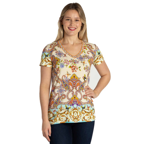 Johnny Was Janie Favorite Scroll Tee Short Sleeve V Neck Shirt White Gold Top NEW