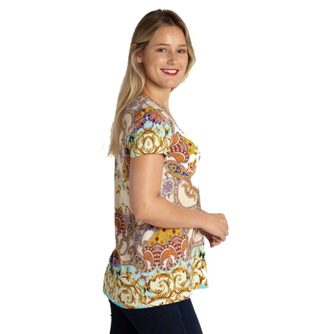 Johnny Was Janie Favorite Scroll Tee Short Sleeve V Neck Shirt White Gold Top NEW