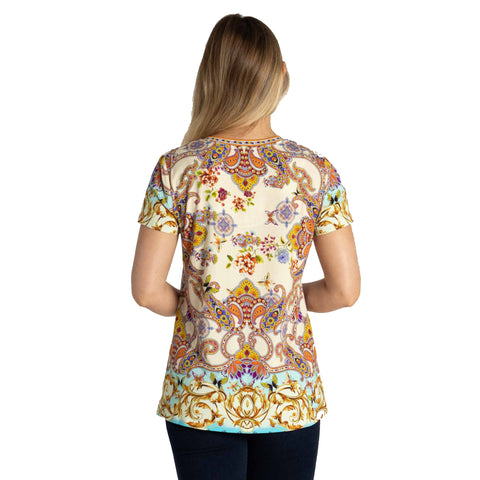 Johnny Was Janie Favorite Scroll Tee Short Sleeve V Neck Shirt White Gold Top NEW