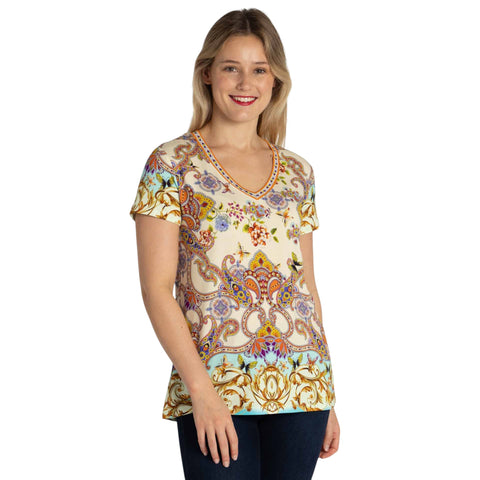 Johnny Was Janie Favorite Scroll Tee Short Sleeve V Neck Shirt White Gold Top NEW