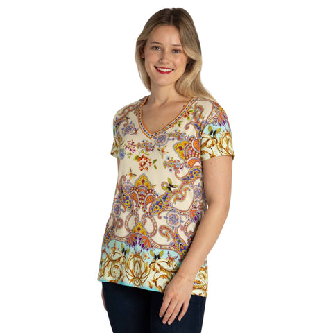 Johnny Was Janie Favorite Scroll Tee Short Sleeve V Neck Shirt White Gold Top NEW