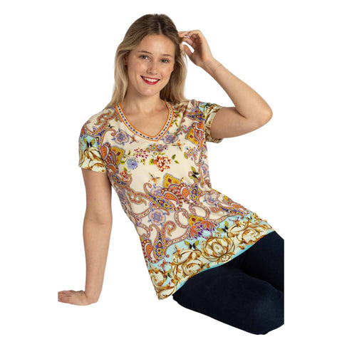 Johnny Was Janie Favorite Scroll Tee Short Sleeve V Neck Shirt White Gold Top NEW