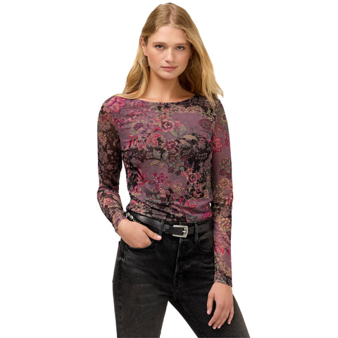 Johnny Was Jemma Long Sleeve Boat Neck Mesh Tee Long Floral Shirt Brown Top NEW