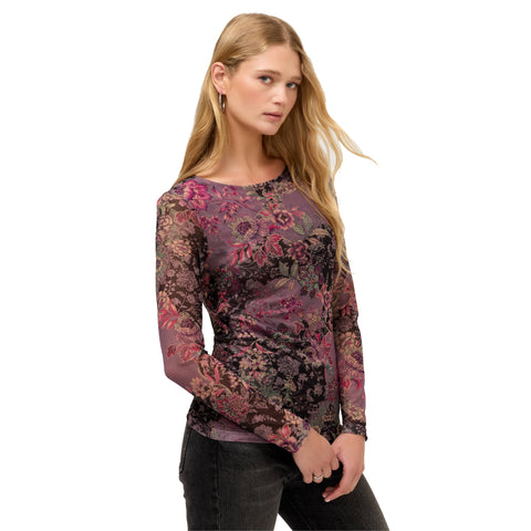 Johnny Was Jemma Long Sleeve Boat Neck Mesh Tee Long Floral Shirt Brown Top NEW
