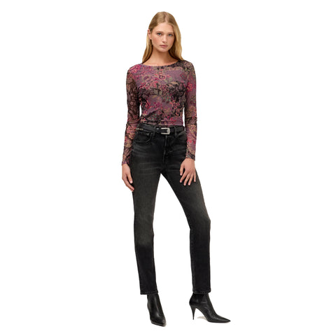Johnny Was Jemma Long Sleeve Boat Neck Mesh Tee Long Floral Shirt Brown Top NEW