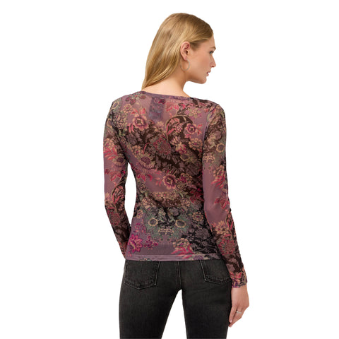 Johnny Was Jemma Long Sleeve Boat Neck Mesh Tee Long Floral Shirt Brown Top NEW