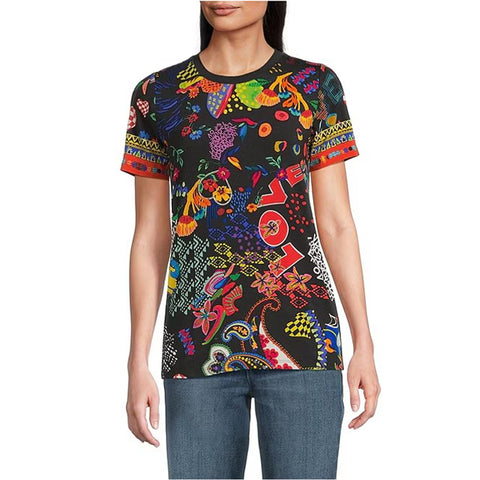 Johnny Was Janie Favorite Jenny Love Short Crew Floral Tee Shirt Black Top NEW