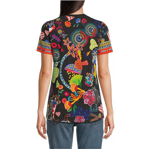 Johnny Was Janie Favorite Jenny Love Short Crew Floral Tee Shirt Black Top NEW
