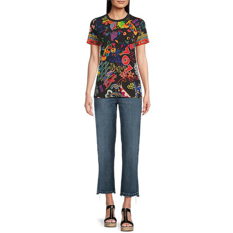 Johnny Was Janie Favorite Jenny Love Short Crew Floral Tee Shirt Black Top NEW