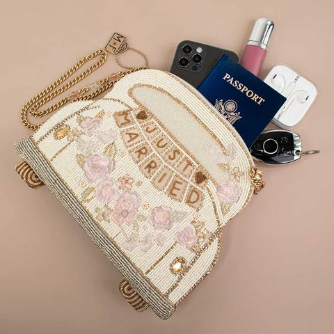 Mary Frances Just Married Beaded Crossbody Handbag Bridal Car Bag Purse Ivory NEW