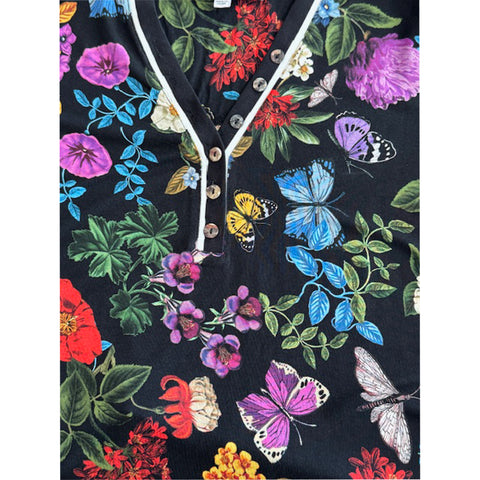 Johnny Was Janie Kahlani Short Henley Tee Butterfly Floral Shirt Black Top NEW