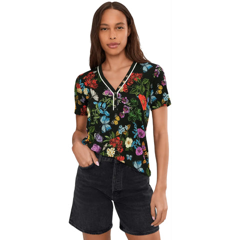 Johnny Was Janie Kahlani Short Henley Tee Butterfly Floral Shirt Black Top NEW