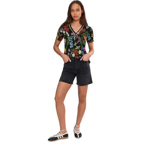 Johnny Was Janie Kahlani Short Henley Tee Butterfly Floral Shirt Black Top NEW