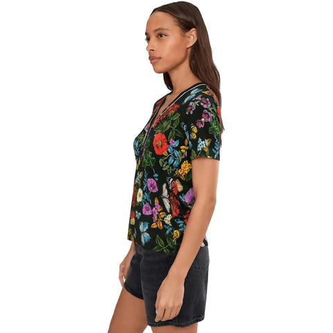 Johnny Was Janie Kahlani Short Henley Tee Butterfly Floral Shirt Black Top NEW