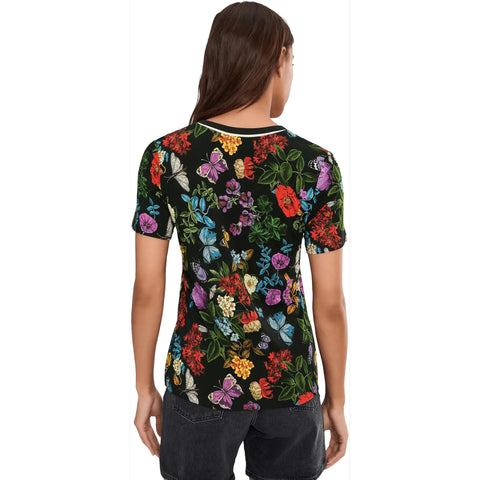 Johnny Was Janie Kahlani Short Henley Tee Butterfly Floral Shirt Black Top NEW