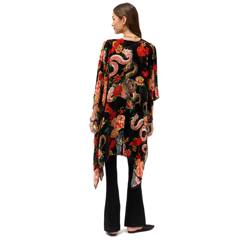 Johnny Was Levi Burnout Velvet Shawl Dragon Red Floral 3/4 Handkerchief Black NEW