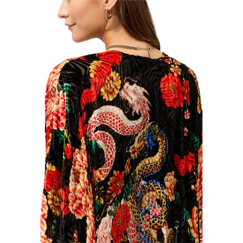 Johnny Was Levi Burnout Velvet Shawl Dragon Red Floral 3/4 Handkerchief Black NEW