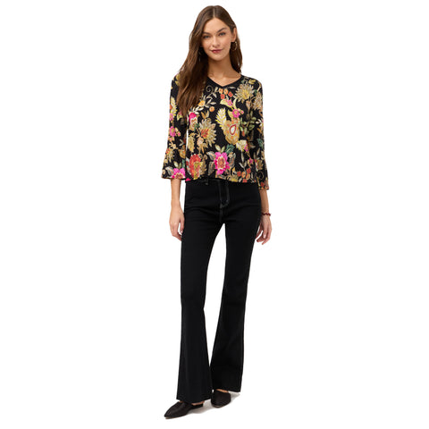 Johnny Was Janie Favorite Lowri Long Flute Sleeve Tee Floral Shirt Black Top NEW
