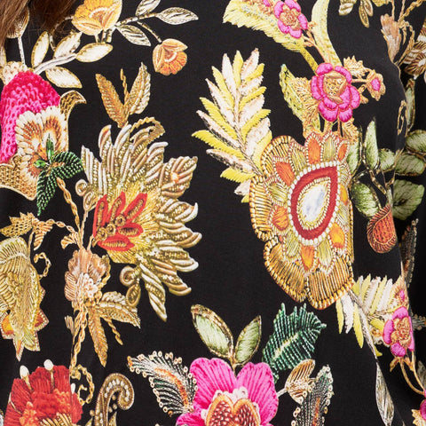 Johnny Was Janie Favorite Lowri Long Flute Sleeve Tee Floral Shirt Black Top NEW