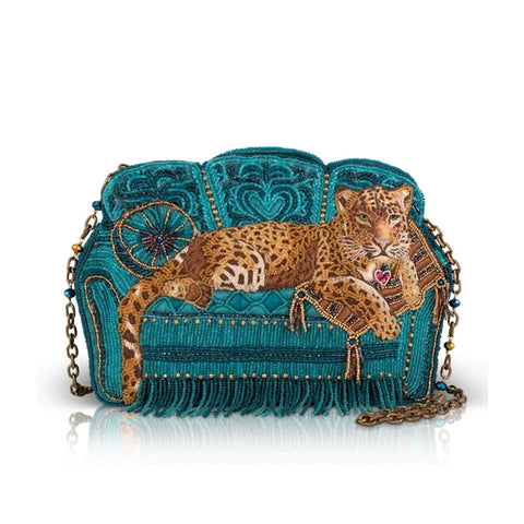 Mary Frances Lazy Leopard Beaded Teal Blue Couch Crossbody Handbag Bag Purse NEW