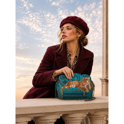 Mary Frances Lazy Leopard Beaded Teal Blue Couch Crossbody Handbag Bag Purse NEW