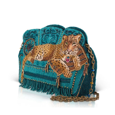 Mary Frances Lazy Leopard Beaded Teal Blue Couch Crossbody Handbag Bag Purse NEW