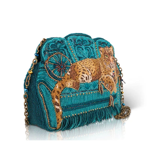 Mary Frances Lazy Leopard Beaded Teal Blue Couch Crossbody Handbag Bag Purse NEW