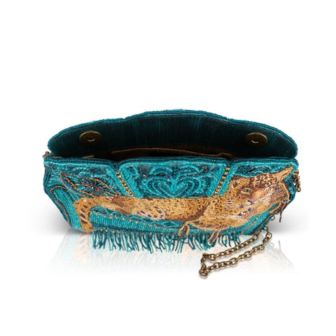 Mary Frances Lazy Leopard Beaded Teal Blue Couch Crossbody Handbag Bag Purse NEW