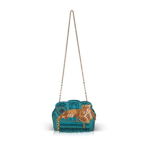 Mary Frances Lazy Leopard Beaded Teal Blue Couch Crossbody Handbag Bag Purse NEW