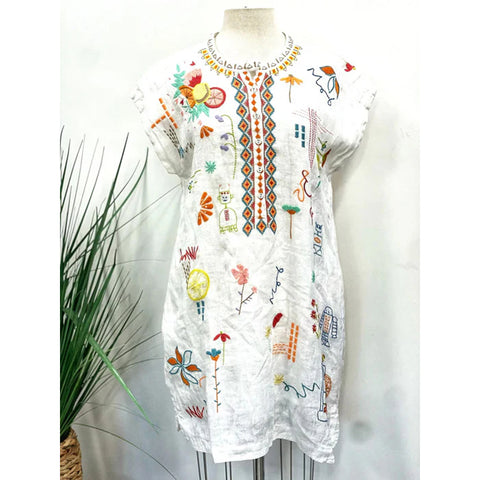 Johnny Was Lemona Dress Floral Embroidery Linen Natural Button Front White NEW