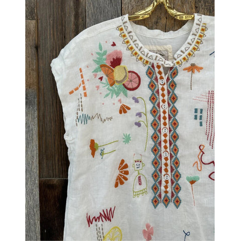 Johnny Was Lemona Dress Floral Embroidery Linen Natural Button Front White NEW