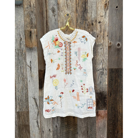 Johnny Was Lemona Dress Floral Embroidery Linen Natural Button Front White NEW