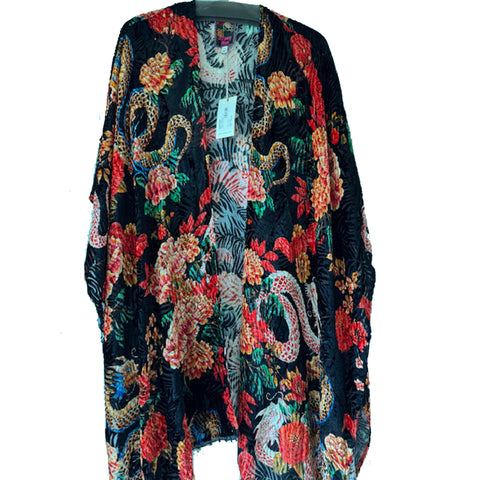 Johnny Was Levi Burnout Velvet Shawl Dragon Red Floral 3/4 Handkerchief Black NEW