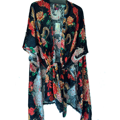 Johnny Was Levi Burnout Velvet Shawl Dragon Red Floral 3/4 Handkerchief Black NEW