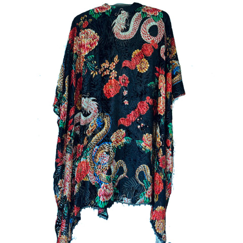 Johnny Was Levi Burnout Velvet Shawl Dragon Red Floral 3/4 Handkerchief Black NEW