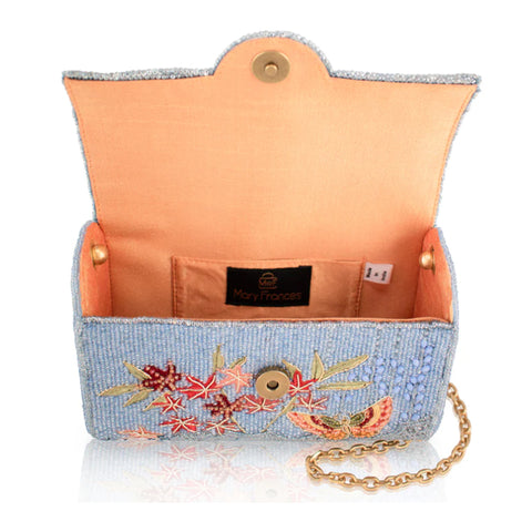 Mary Frances Lotus Mist Crossbody Handbag Floral Butterfly Bag Blue Purse NEW