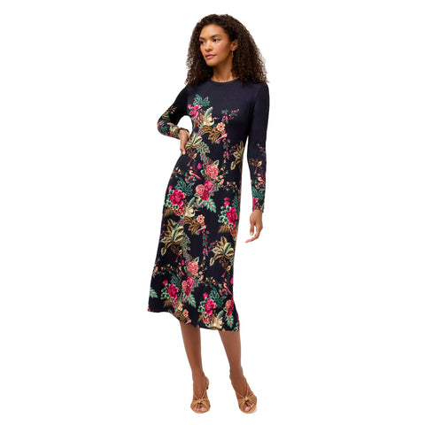 Johnny Was Janie Favorite Lyrata Long Sleeve Floral Midi Dress Flowers Black NEW